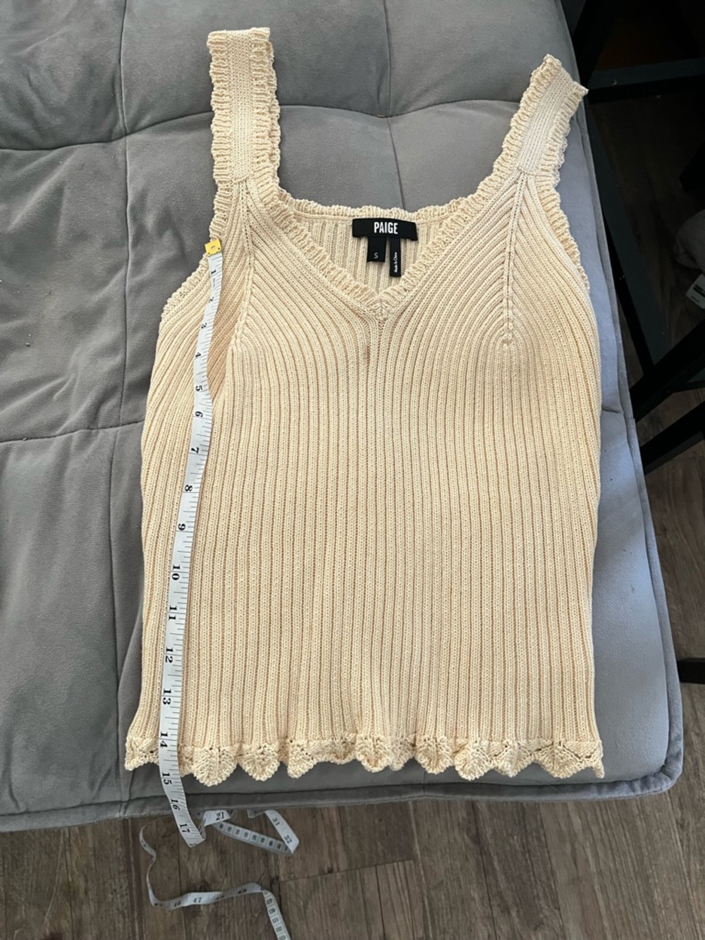 PAIGE Cream Ribbed Knit Camisole with Scalloped Hem